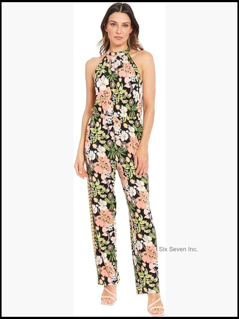 Mock Neck Halter Jumpsuit With Pockets, Polyester Spandex